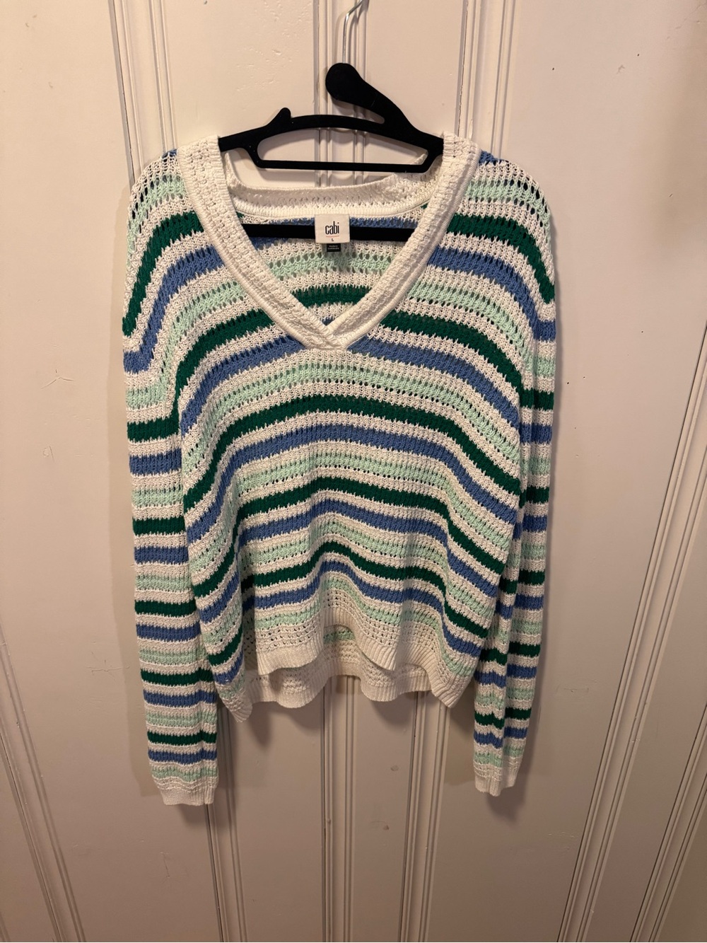 CAbi Striped V-Neck Sweater in White, Green & Blue